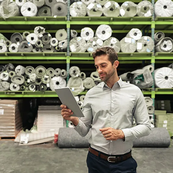 Warehouse employee reading documents