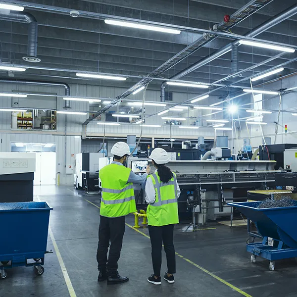 Warehouse employees reading documents