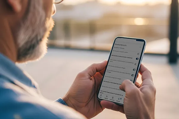 man looking at online banking alerts