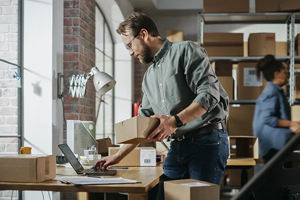 business owner looking at online banking