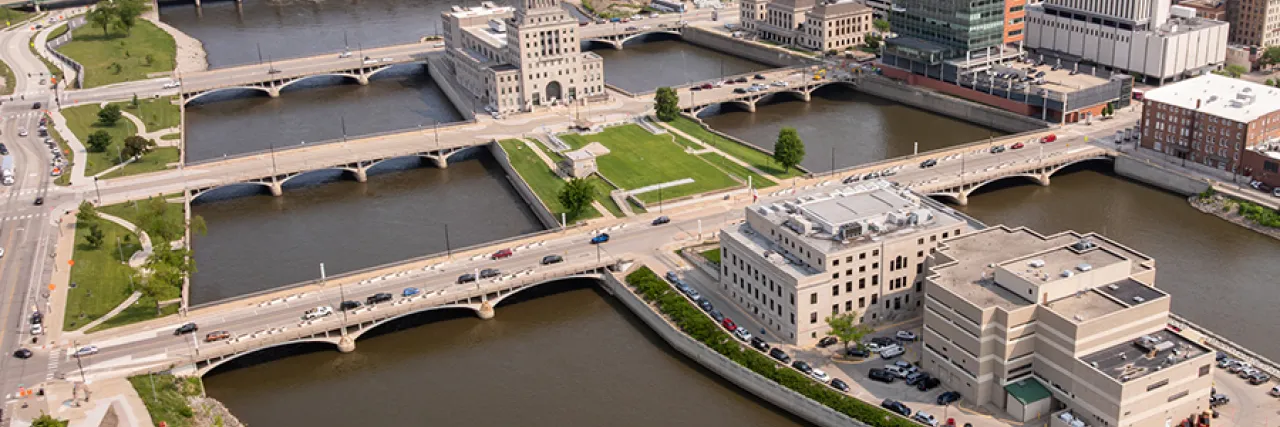 Overhead view of Cedar Rapids, Iowa.